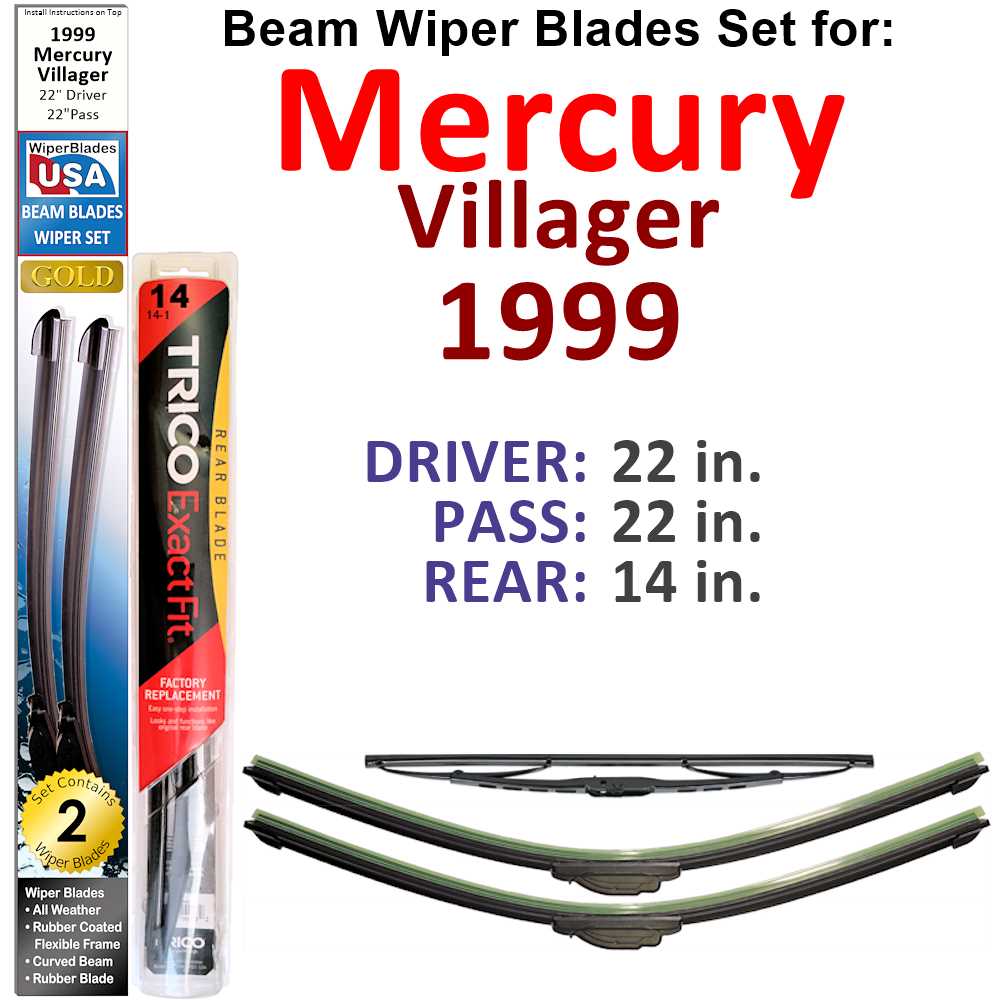 Set of 3 Beam Wiper Blades designed for 1999 Mercury Villager, showcasing their flexible and durable construction.