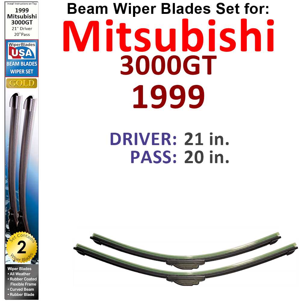 Set of 2 Beam Wiper Blades designed for 1999 Mitsubishi 3000GT, showcasing their flexible and durable construction.