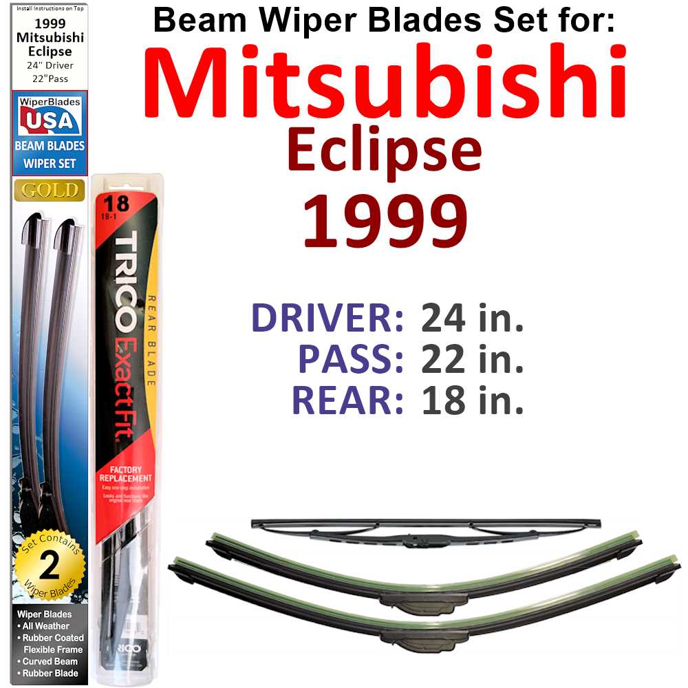 Set of 3 Beam Wiper Blades for 1999 Mitsubishi Eclipse, showcasing their sleek design and flexible structure.