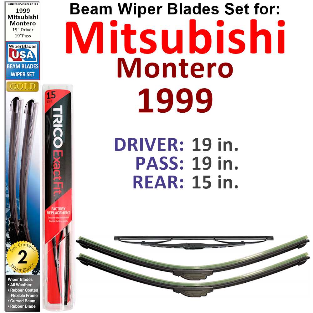 Set of 3 Beam Wiper Blades designed for 1999 Mitsubishi Montero, showcasing their sleek design and durable construction.