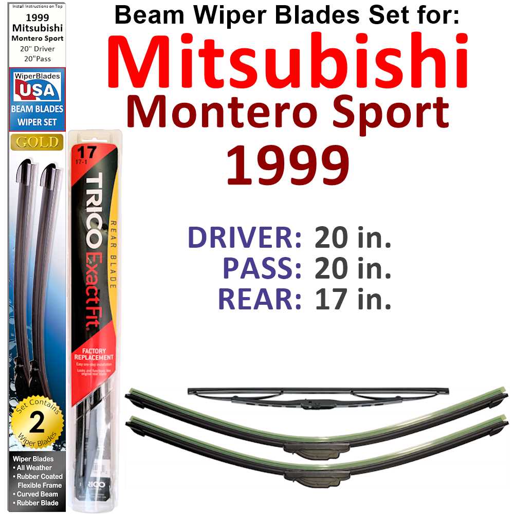 Set of 3 Beam Wiper Blades designed for 1999 Mitsubishi Montero Sport, showcasing their flexible and durable design.