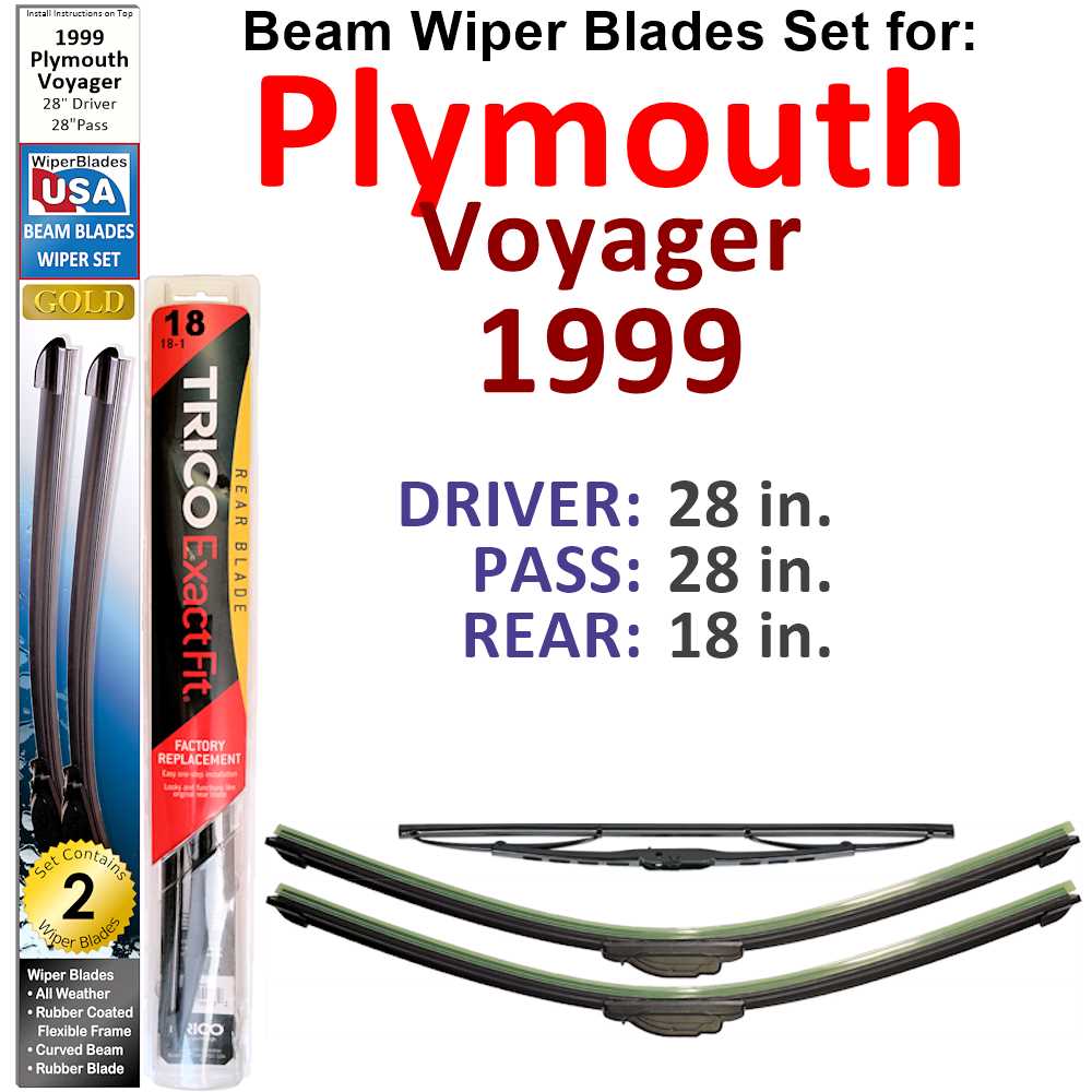 Set of 3 Beam Wiper Blades designed for 1999 Plymouth Voyager, showcasing their flexible and durable construction.