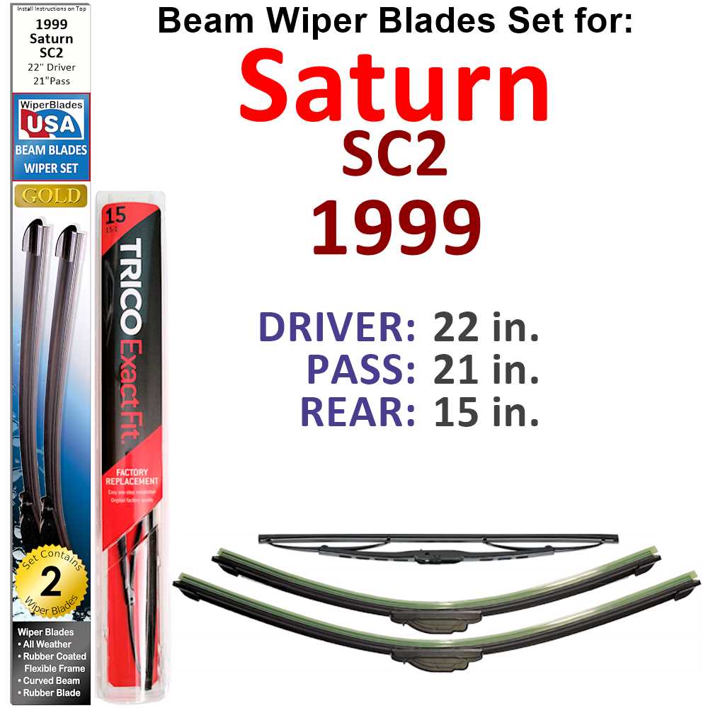 Set of 3 Beam Wiper Blades designed for 1999 Saturn SC2, showcasing their flexible and durable construction.