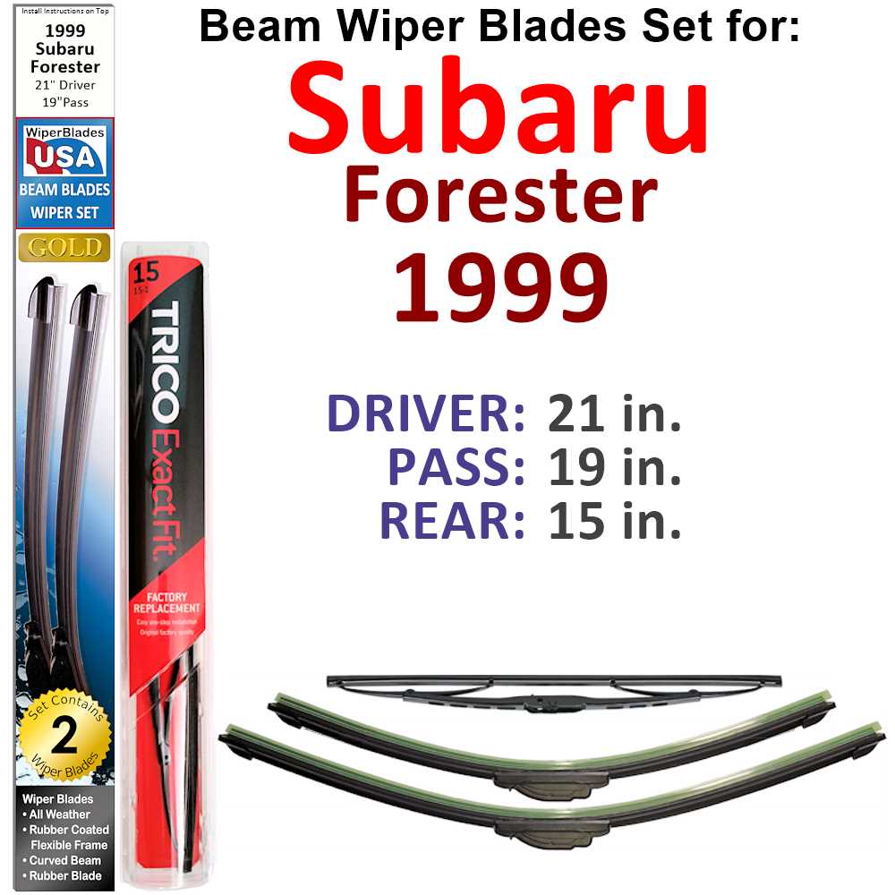 Set of 3 Beam Wiper Blades designed for 1999 Subaru Forester, showcasing their flexible and sealed design for optimal performance.