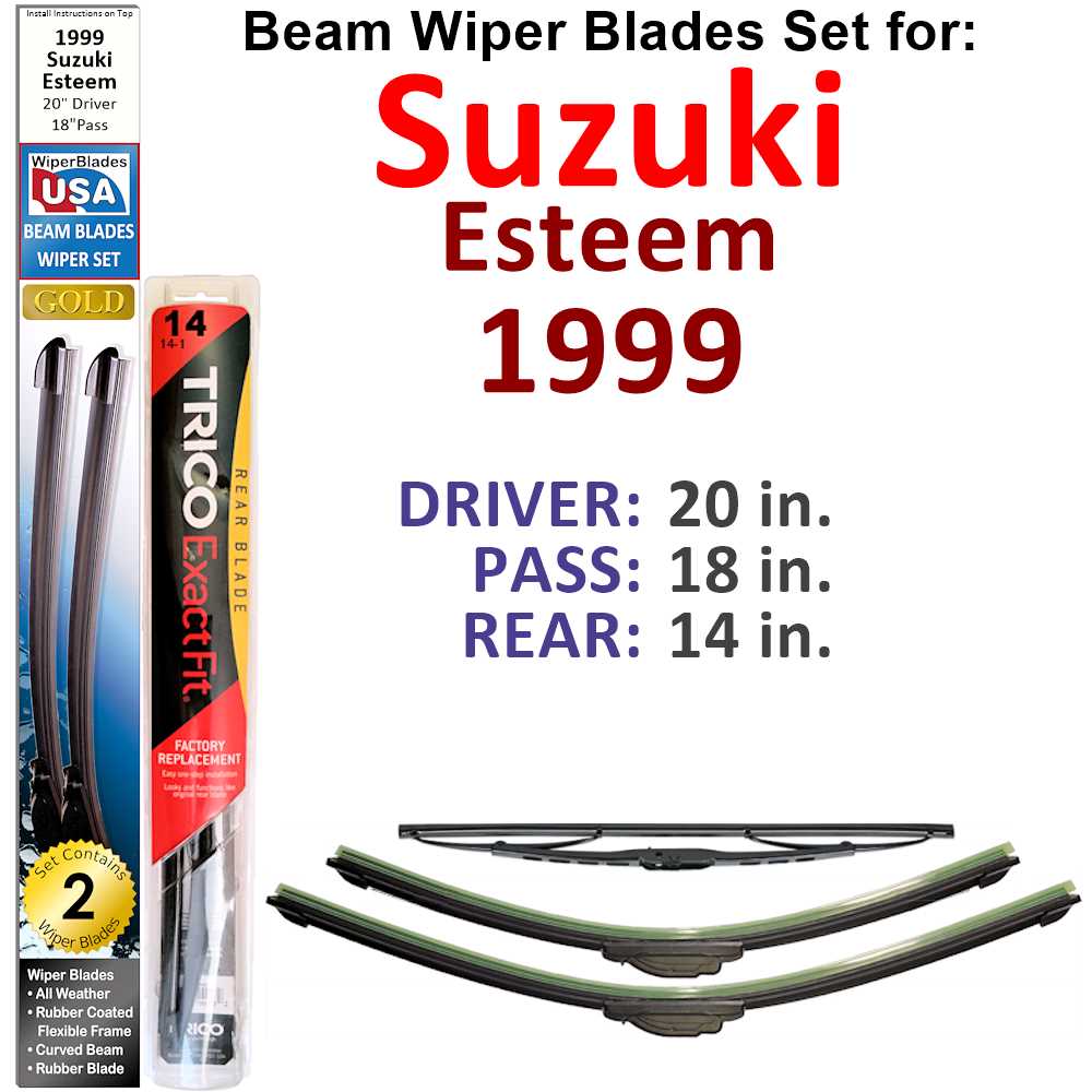 Set of 3 Beam Wiper Blades designed for 1999 Suzuki Esteem, showcasing their flexible and durable construction.