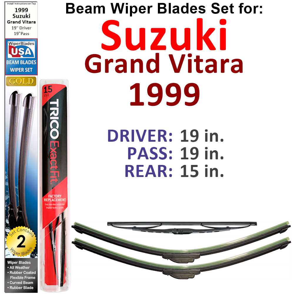 Set of 3 Beam Wiper Blades designed for 1999 Suzuki Grand Vitara, showcasing their flexible and durable construction.