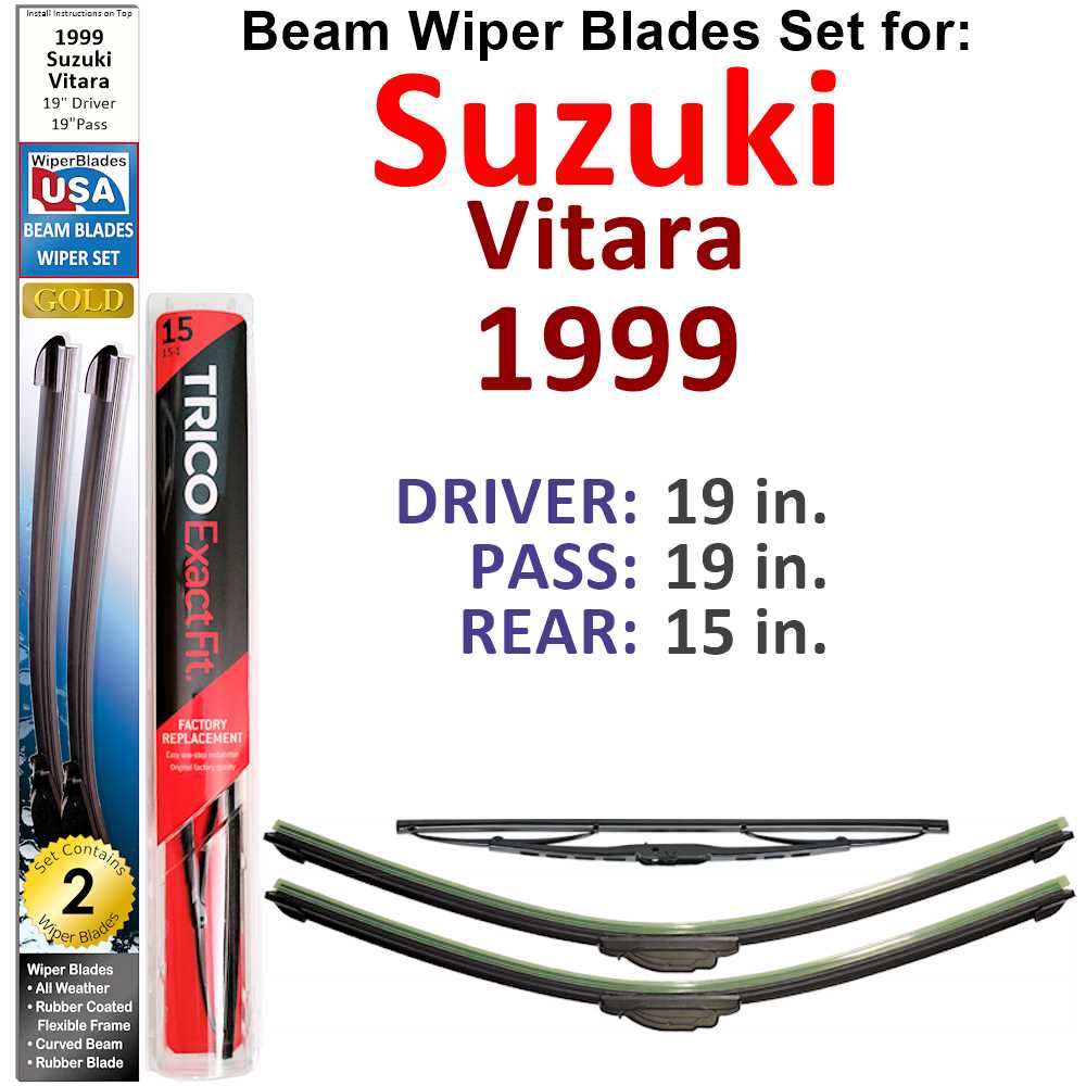 Set of 3 Beam Wiper Blades designed for 1999 Suzuki Vitara, showcasing their flexible and durable construction.