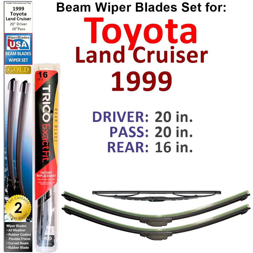 Set of 3 Beam Wiper Blades designed for 1999 Toyota Land Cruiser, showcasing their flexible and durable construction.