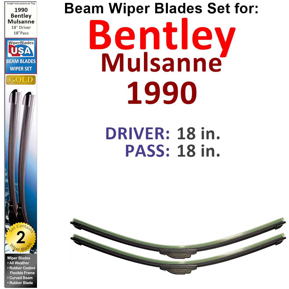 Set of 2 Beam Wiper Blades designed for 1990 Bentley Mulsanne, featuring a low-profile and flexible design for optimal windshield contact.