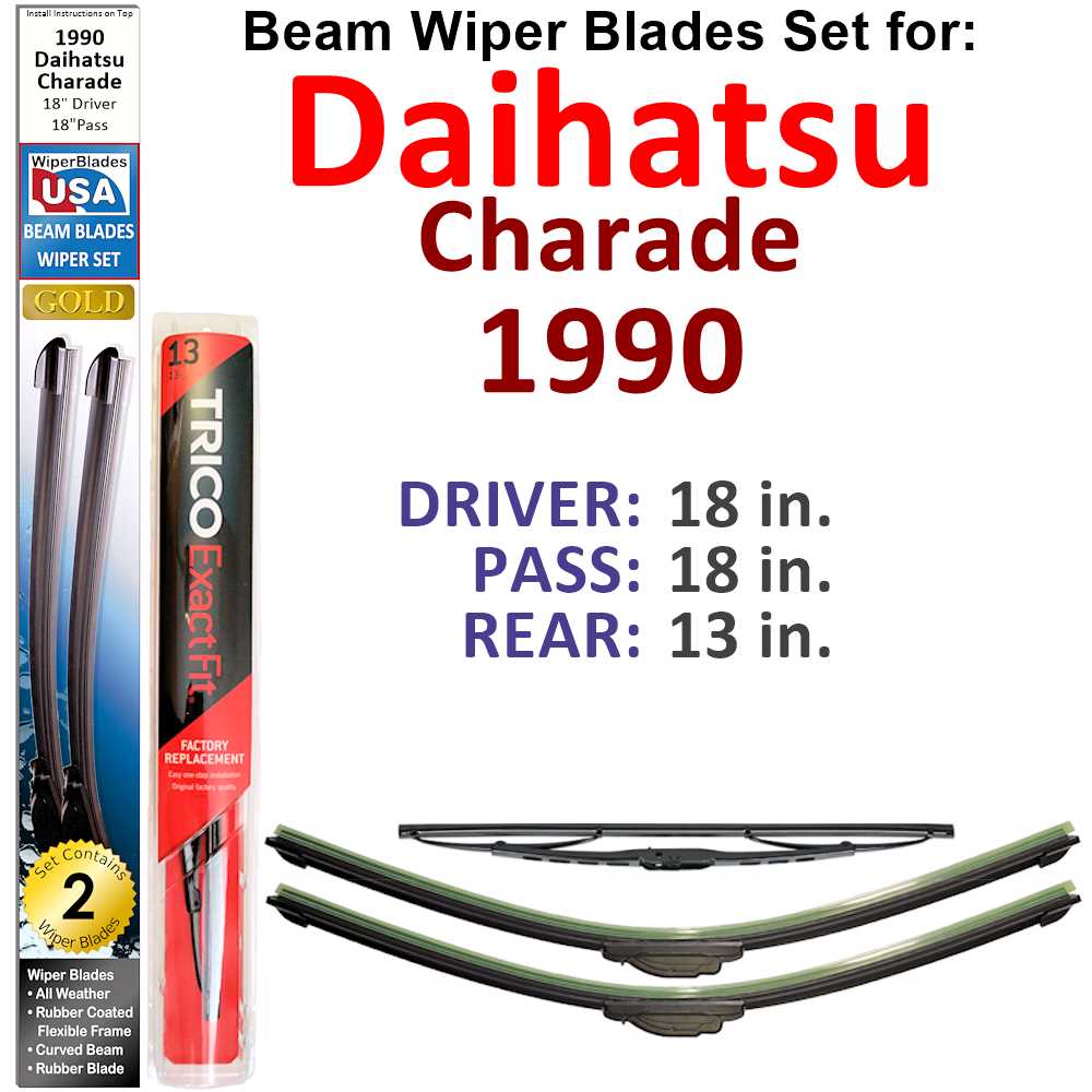 Set of 3 Beam Wiper Blades designed for 1990 Daihatsu Charade, showcasing their flexible and durable construction.