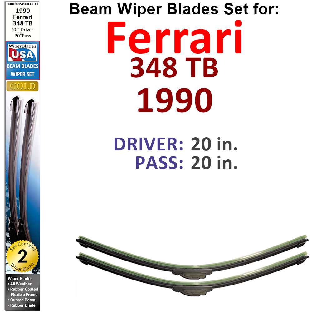 Set of two Beam Wiper Blades designed for 1990 Ferrari 348 TB, showcasing their sleek, low-profile design and durable construction.