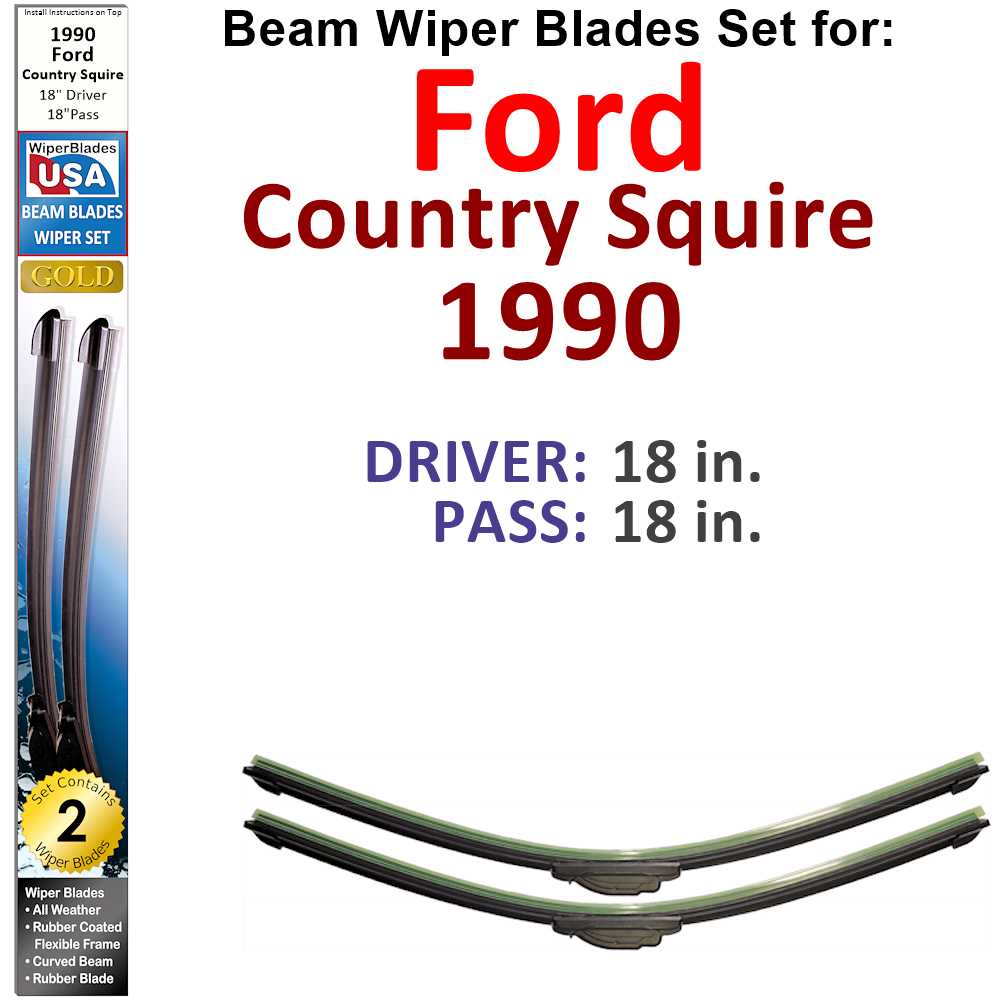 Set of 2 Beam Wiper Blades designed for 1990 Ford Country Squire, showcasing their flexible and durable construction.