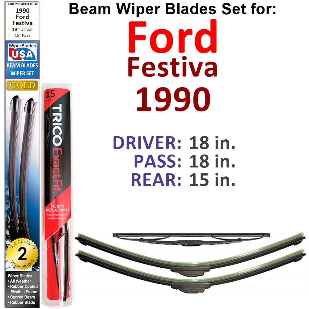 Set of 3 Beam Wiper Blades designed for 1990 Ford Festiva, showcasing their flexible and durable construction.