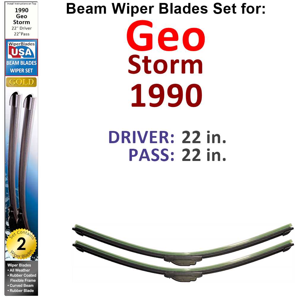 Set of two Beam Wiper Blades designed for 1990 Geo Storm, showcasing their flexible design and rubber-encased metal spine.