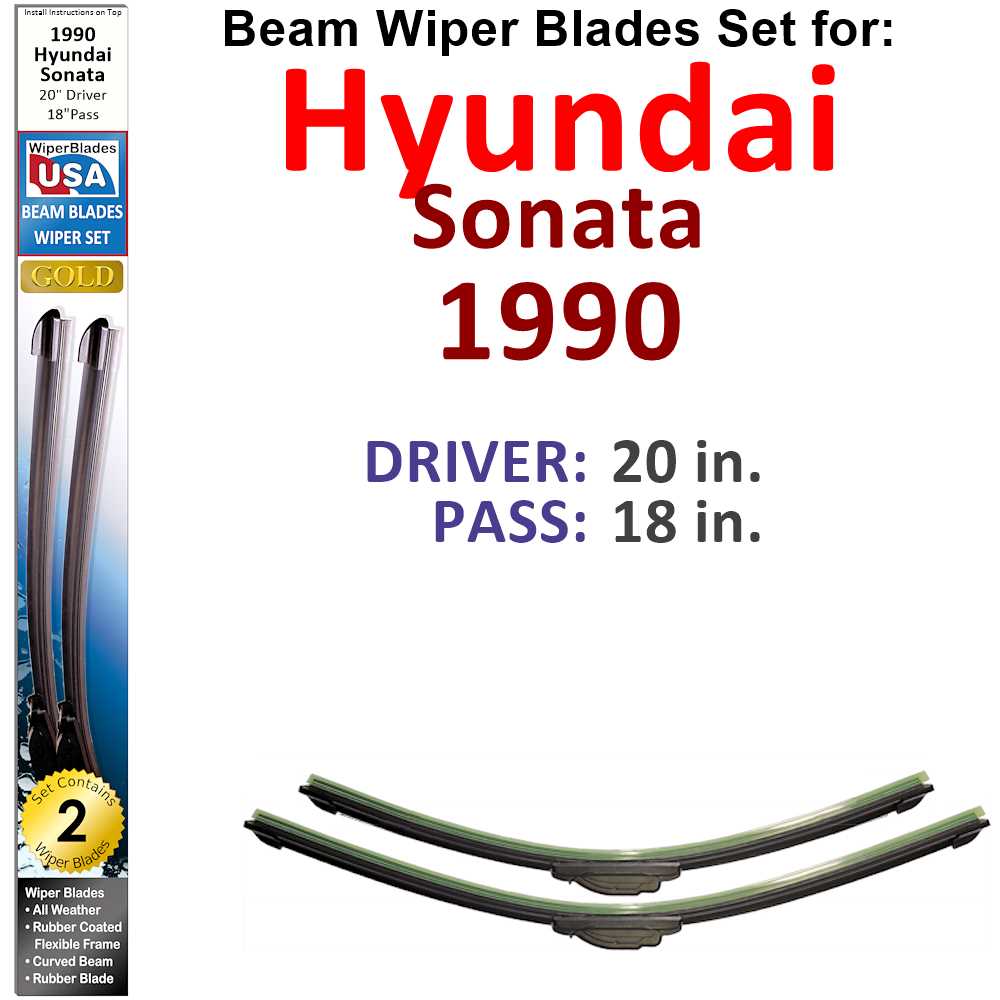 Set of 2 Beam Wiper Blades designed for 1990 Hyundai Sonata, showcasing their flexible and durable design.