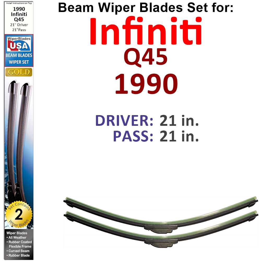 Set of two Beam Wiper Blades designed for 1990 Infiniti Q45, showcasing their sleek low-profile design and rubber-covered metal spine.