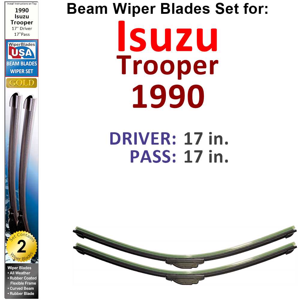 Set of two Beam Wiper Blades designed for 1990 Isuzu Trooper, showcasing their flexible and durable construction.