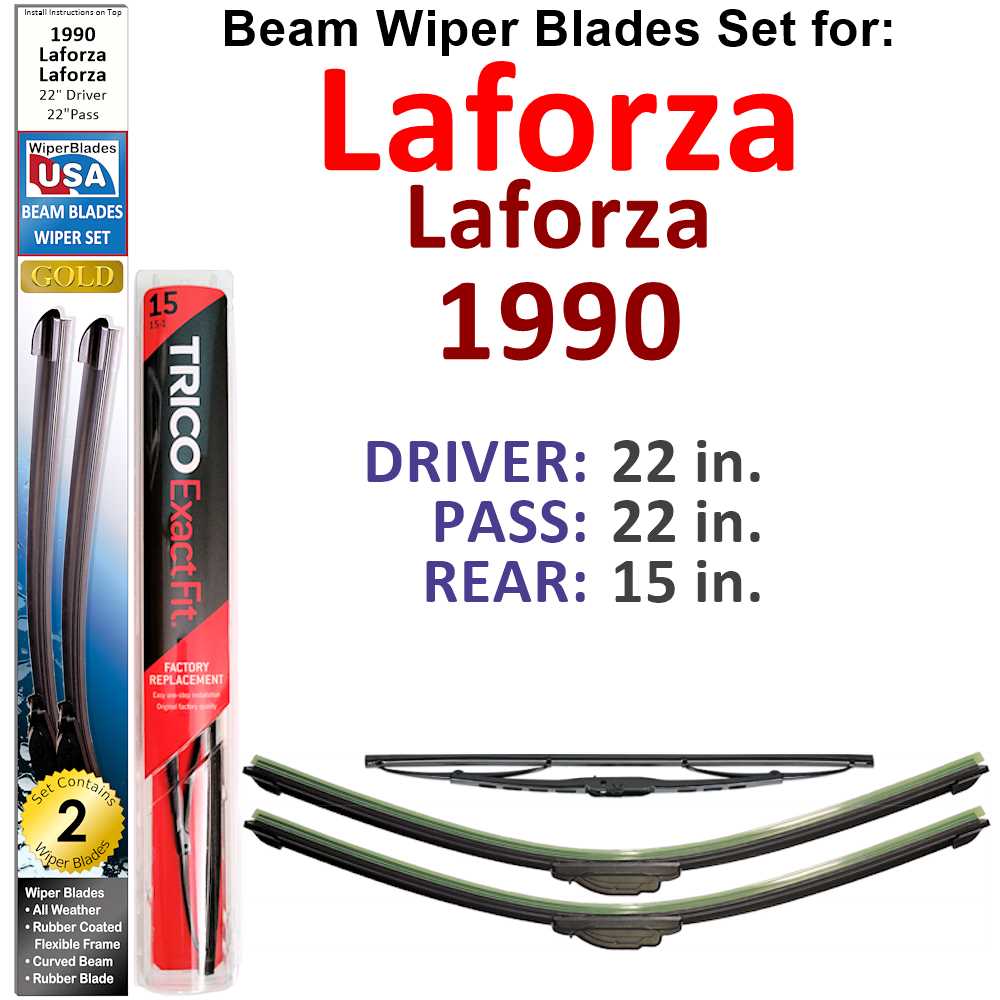 Set of 3 Beam Wiper Blades designed for 1990 Laforza Laforza, showcasing their flexible and durable construction.