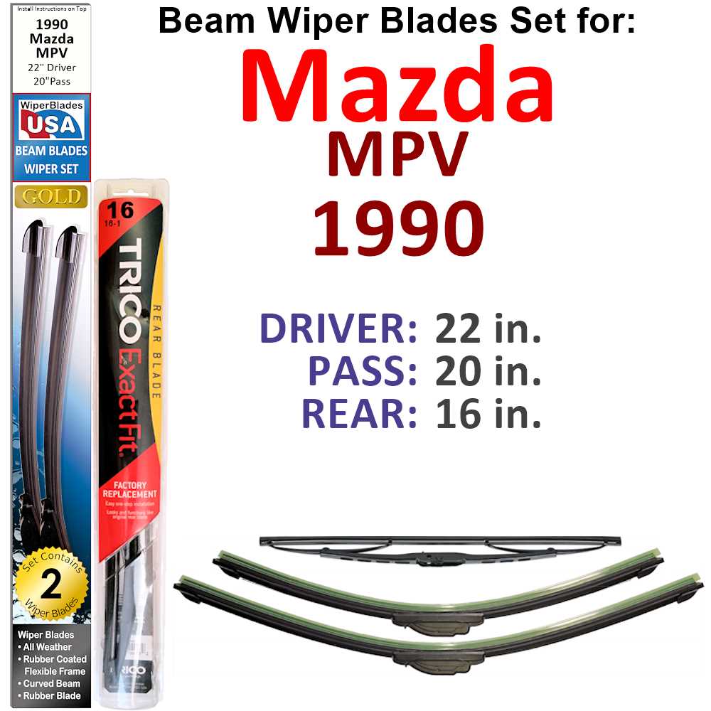 Set of 3 Beam Wiper Blades designed for 1990 Mazda MPV, showcasing their flexible and durable construction.