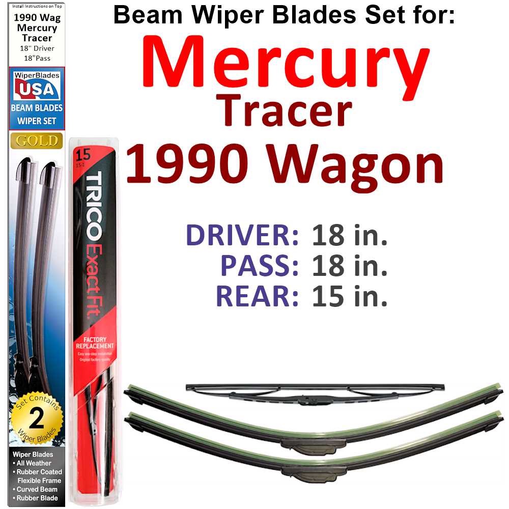 Set of 3 Beam Wiper Blades designed for 1990 Mercury Tracer Wagon, showcasing their flexible and durable construction.