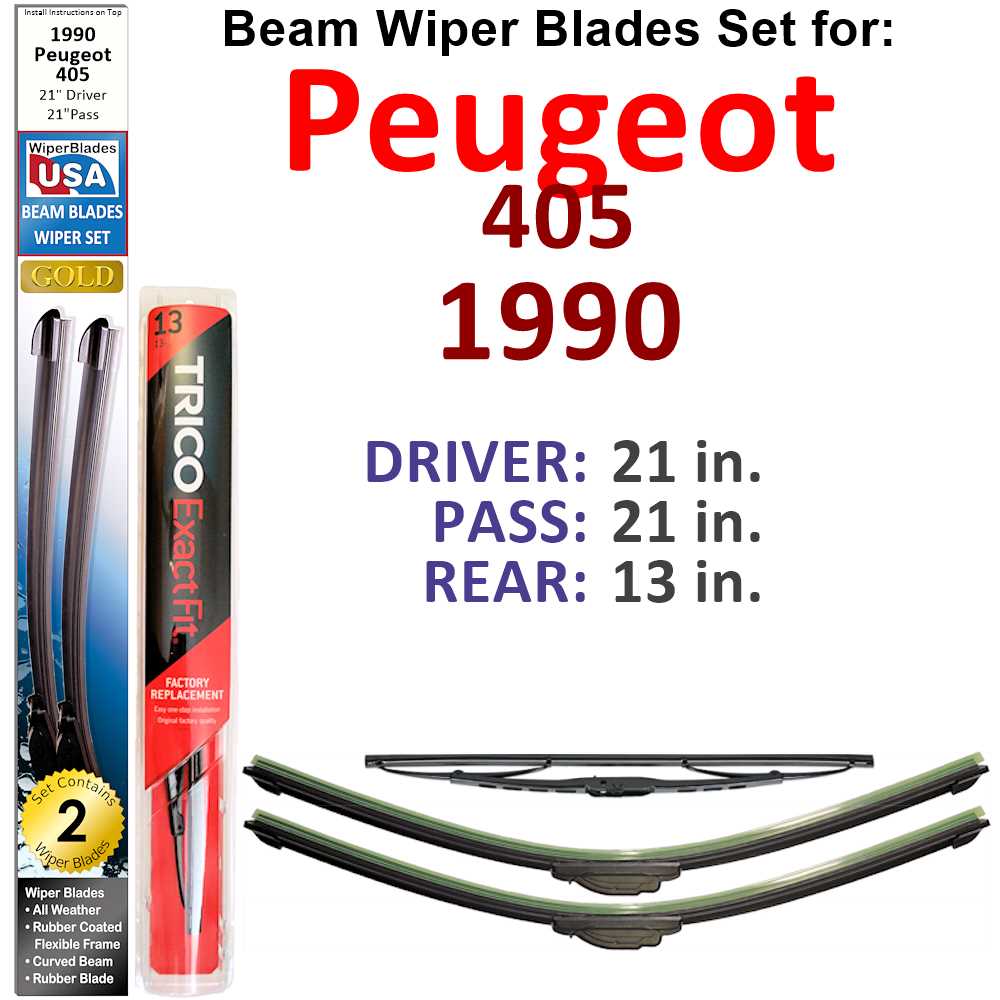 Set of 3 Beam Wiper Blades designed for 1990 Peugeot 405, showcasing their flexible and durable construction.