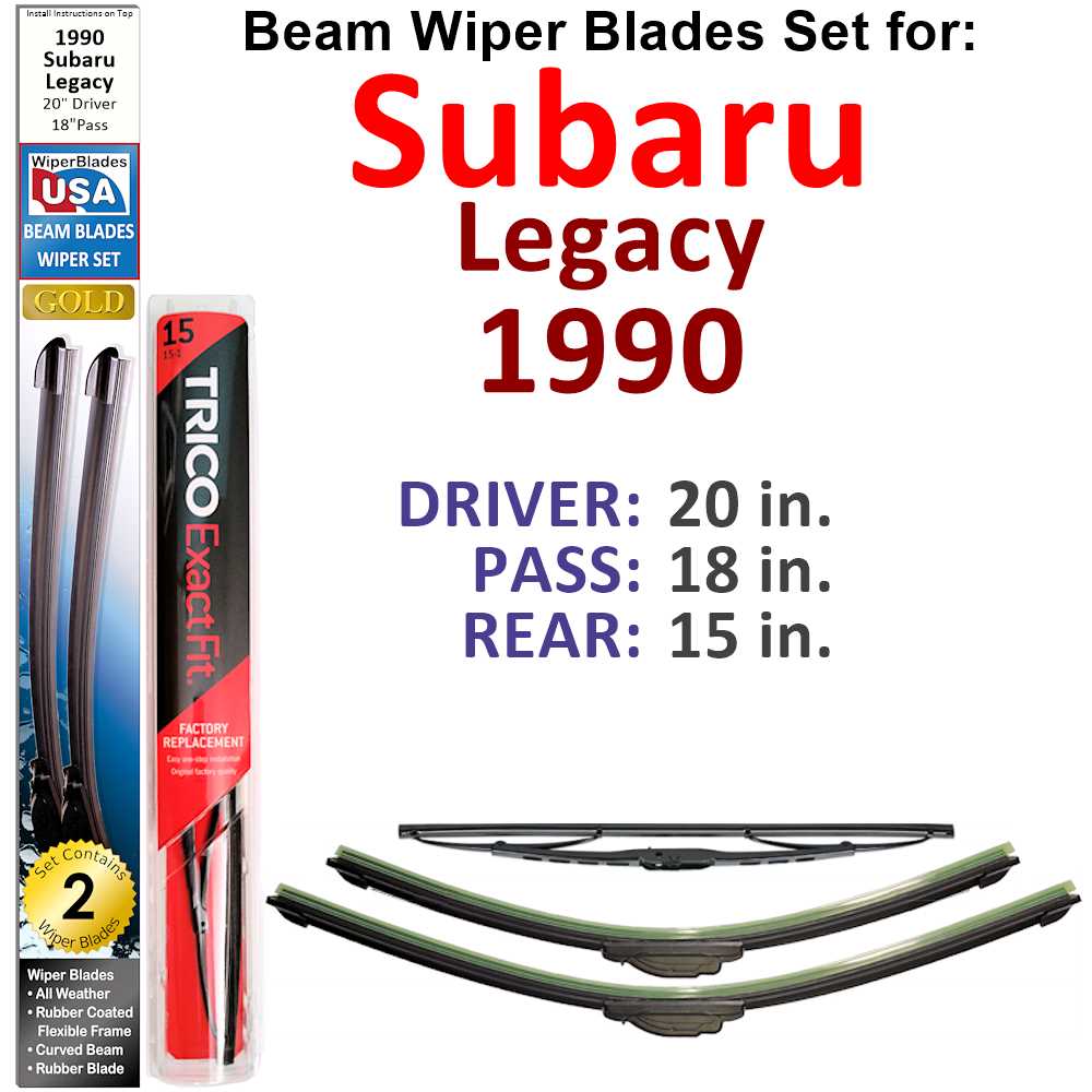 Set of 3 Beam Wiper Blades designed for 1990 Subaru Legacy, showcasing their flexible and durable construction.