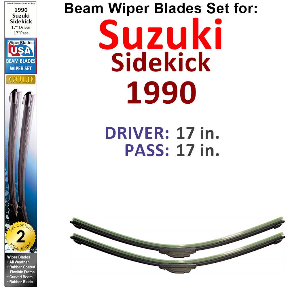 Set of 2 Beam Wiper Blades designed for 1990 Suzuki Sidekick, showcasing their flexible and low-profile design.