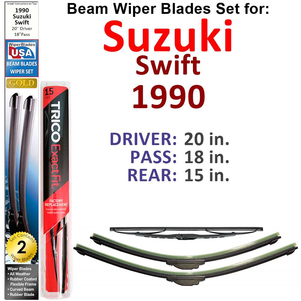 Set of 3 Beam Wiper Blades designed for 1990 Suzuki Swift, showcasing their flexible and durable construction.