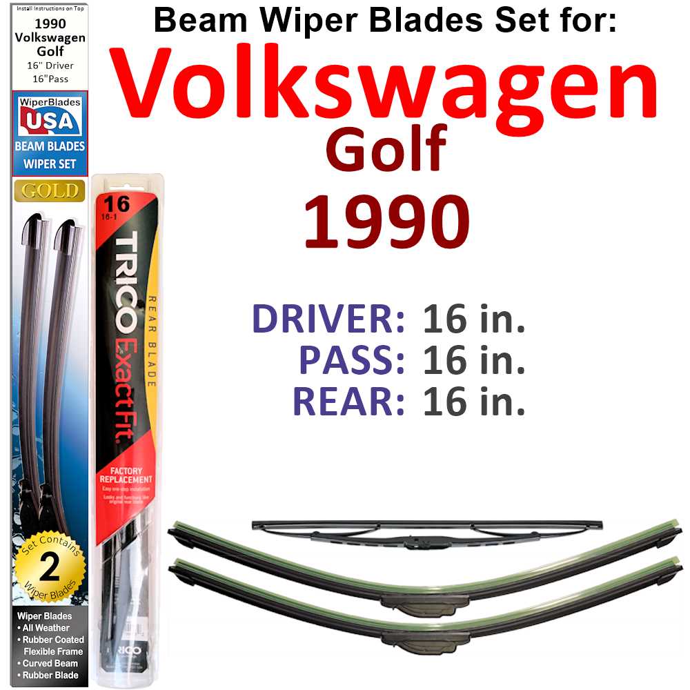 Set of 3 Beam Wiper Blades designed for 1990 Volkswagen Golf Base, showcasing their flexible and durable design.