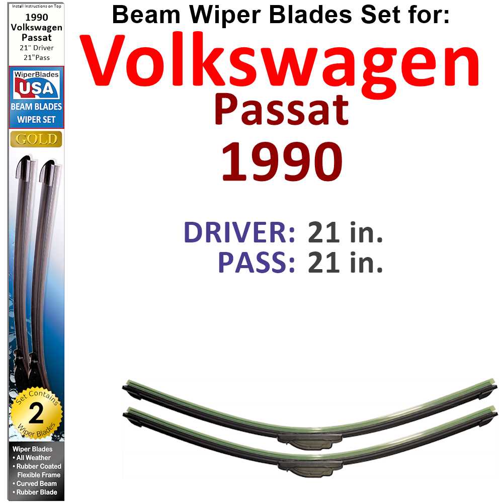 Set of 2 Beam Wiper Blades designed for 1990 Volkswagen Passat, showcasing their flexible and durable construction.