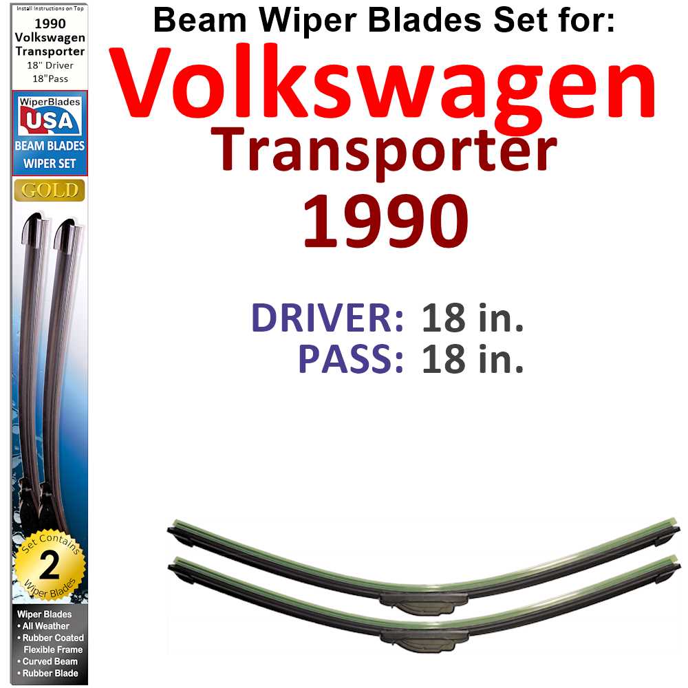 Set of two Beam Wiper Blades designed for 1990 Volkswagen Transporter, showcasing their flexible and durable construction.