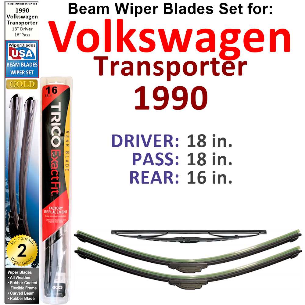 Set of 3 Beam Wiper Blades for 1990 Volkswagen Transporter, showcasing their sleek design and rubber-encased spine for durability.