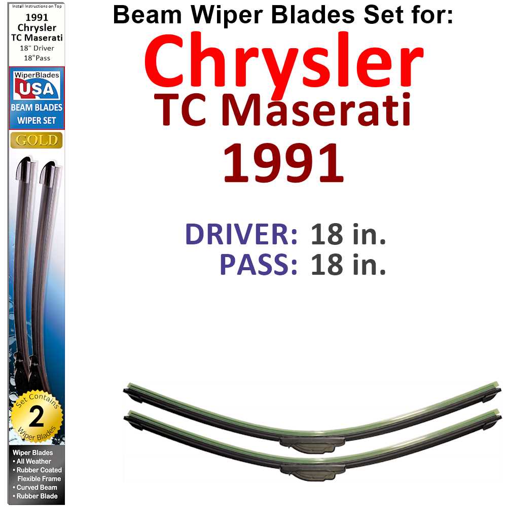 Set of two Beam Wiper Blades designed for 1991 Chrysler TC Maserati, showcasing their flexible and durable construction.