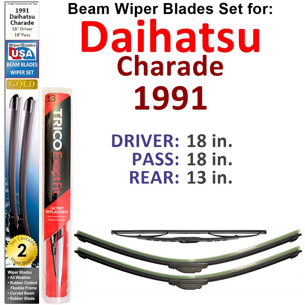 Set of 3 Beam Wiper Blades designed for 1991 Daihatsu Charade, showcasing their flexible and durable construction.