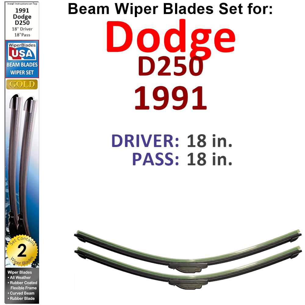 Set of 2 Beam Wiper Blades designed for 1991 Dodge D250, showcasing their flexible beam design and rubber-encased metal spine.