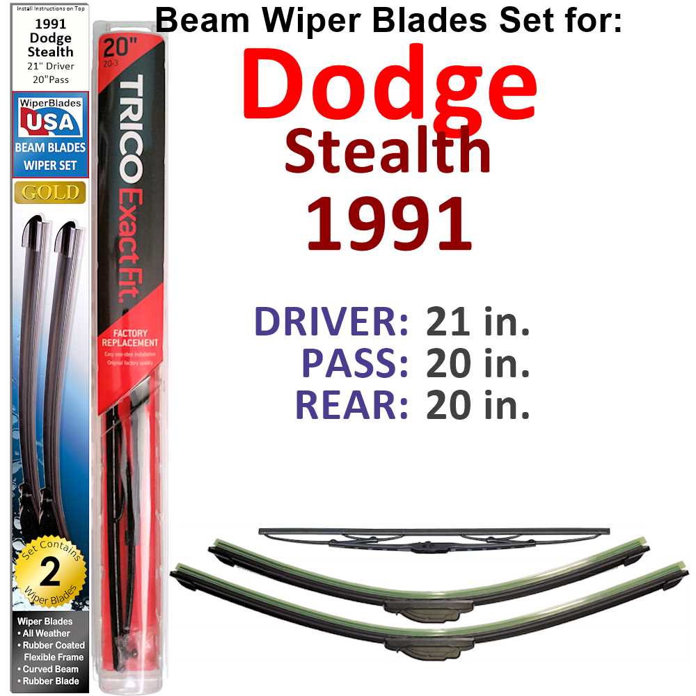 Set of 3 Beam Wiper Blades for 1991 Dodge Stealth, showcasing their flexible design and rubber-encased metal spine.