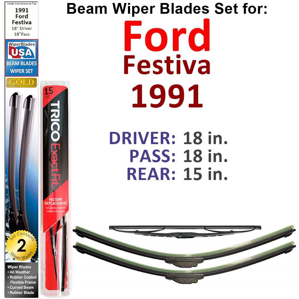 Set of 3 Beam Wiper Blades designed for 1991 Ford Festiva, showcasing their flexible and durable design.