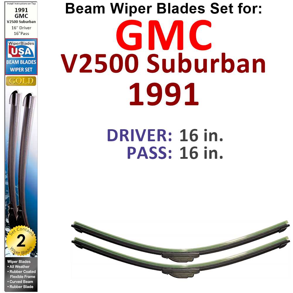 Set of 2 Beam Wiper Blades designed for 1991 GMC V2500 Suburban, showcasing their flexible and durable design.