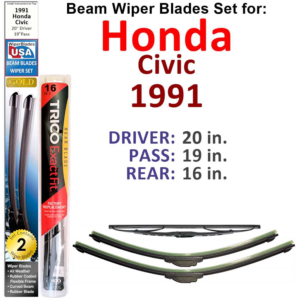 Set of 3 Beam Wiper Blades designed for 1991 Honda Civic, showcasing their flexible and sealed design for optimal windshield contact.