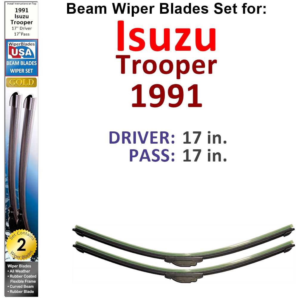 Set of 2 Beam Wiper Blades designed for 1991 Isuzu Trooper, showcasing their flexible and durable construction.