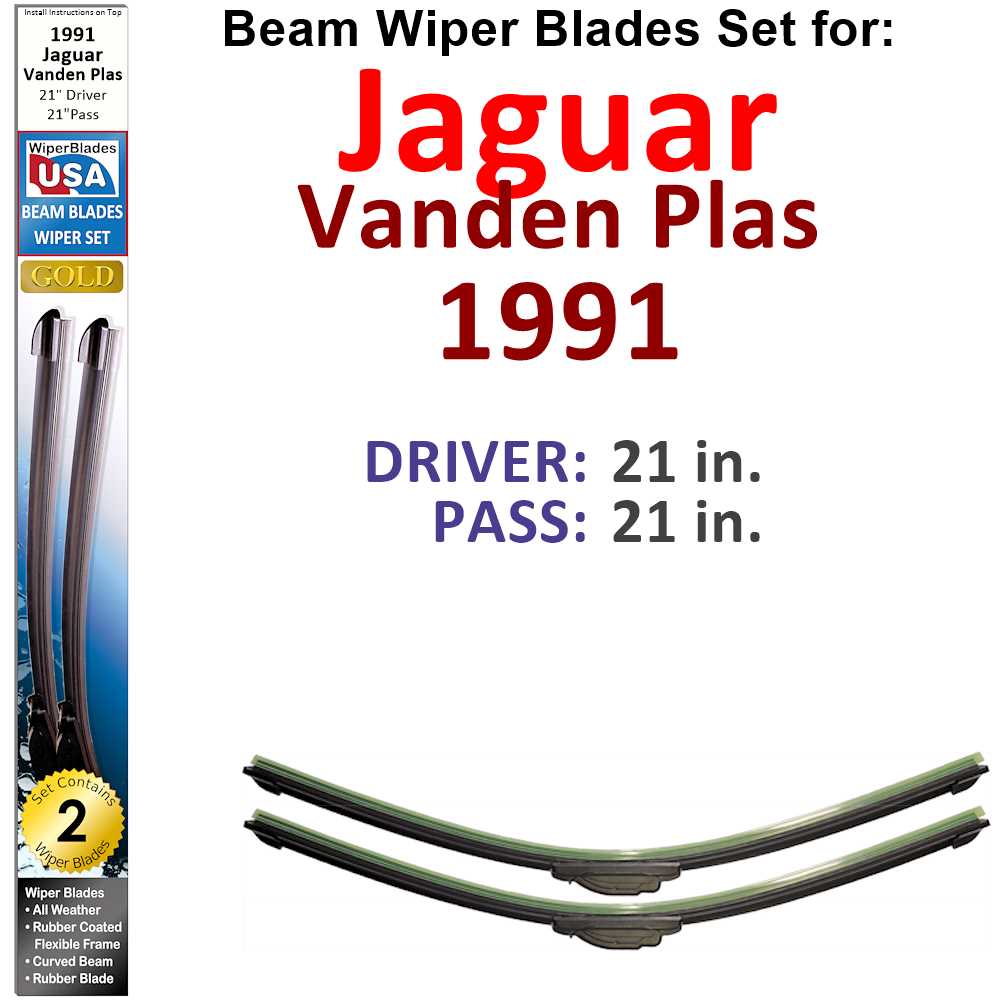 Set of two Beam Wiper Blades designed for 1991 Jaguar Vanden Plas, showcasing their sleek low-profile design and rubber-encased metal spine.