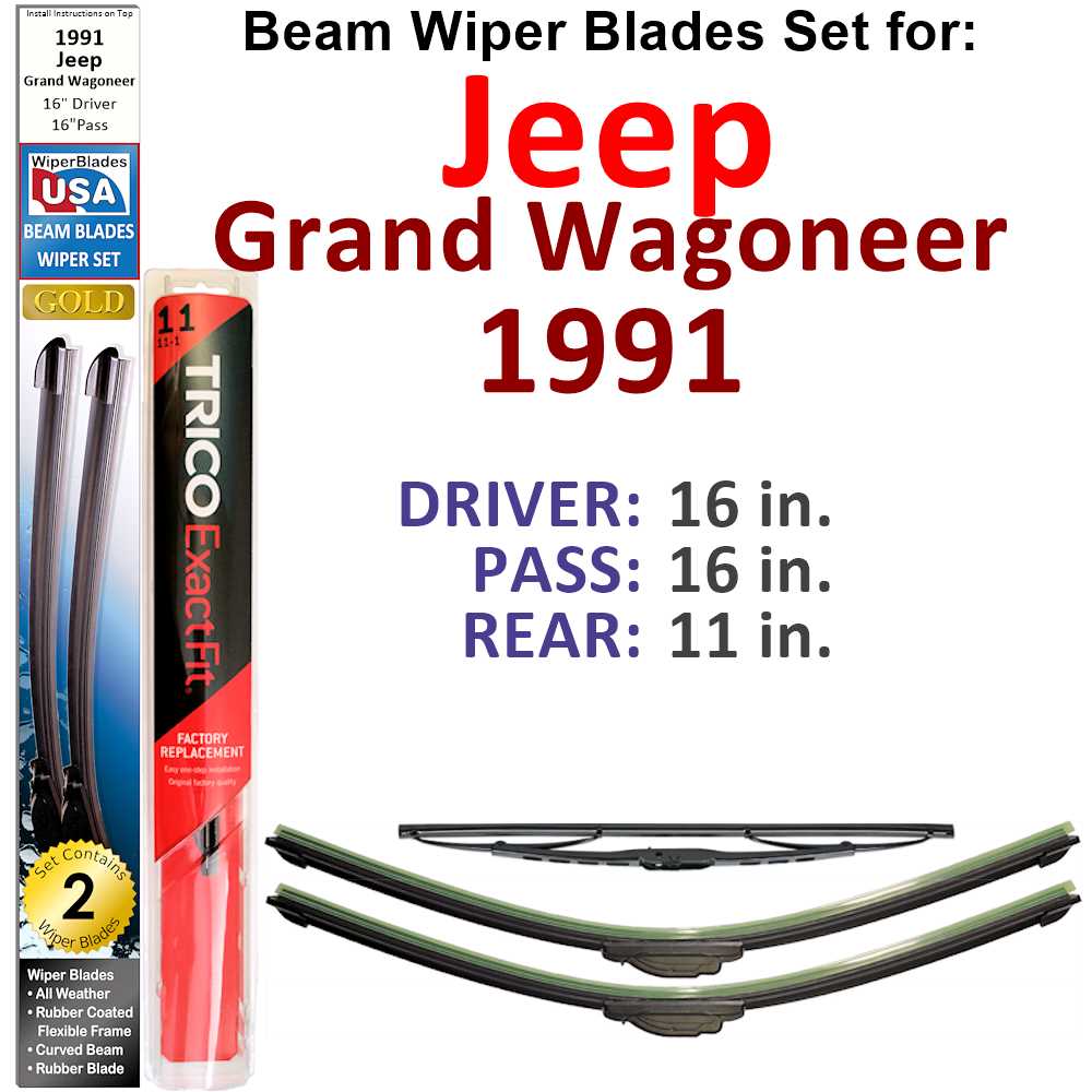 Set of 3 Beam Wiper Blades designed for 1991 Jeep Grand Wagoneer, showcasing their flexible and durable design.