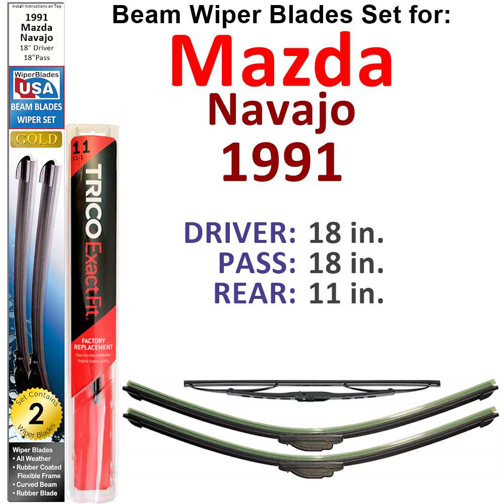 Set of 3 Beam Wiper Blades designed for 1991 Mazda Navajo, showcasing their flexible and durable construction.