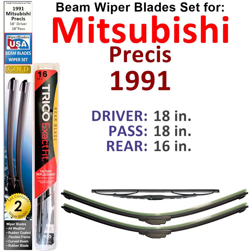 Set of 3 Beam Wiper Blades designed for 1991 Mitsubishi Precis, showcasing their flexible and durable construction.