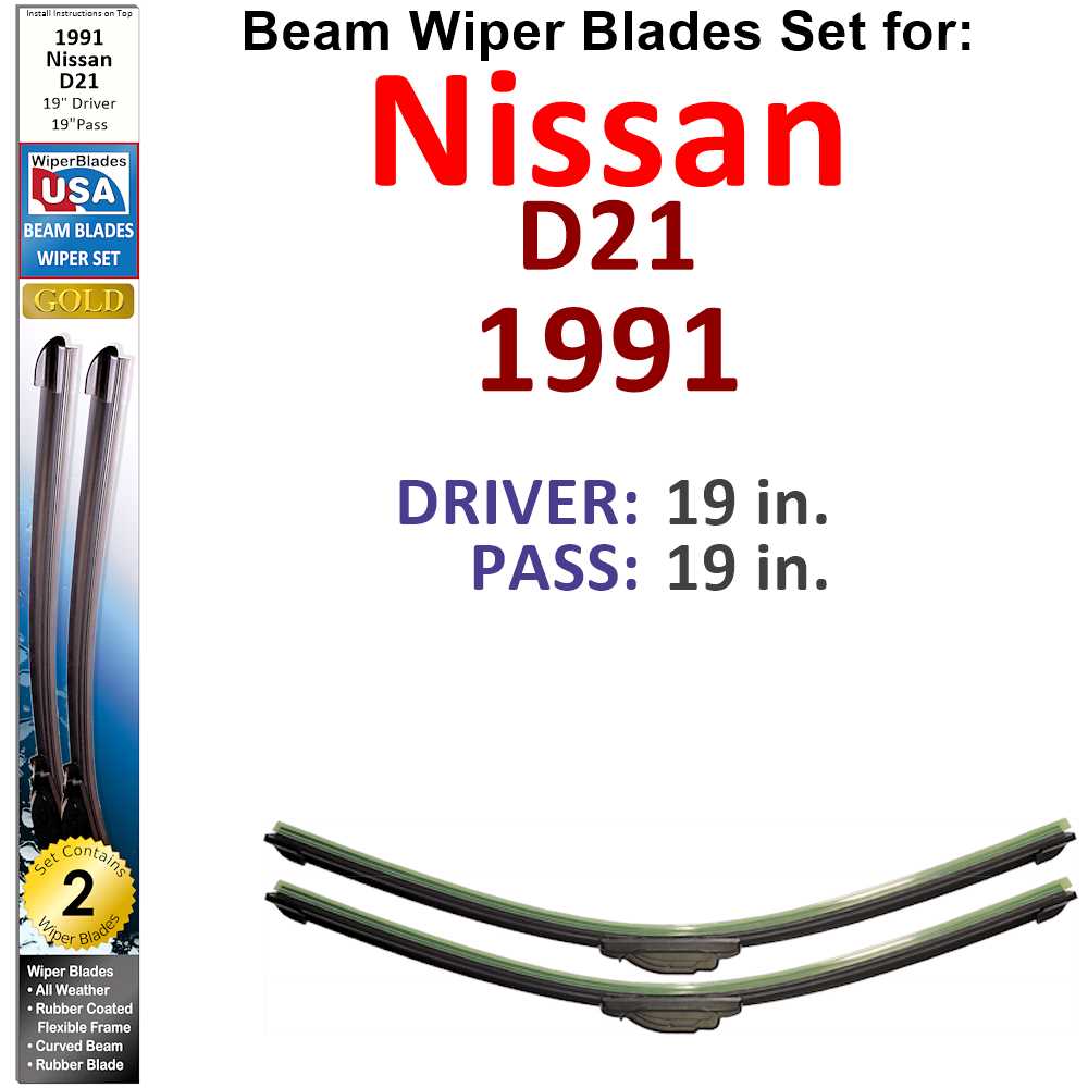 Set of 2 Beam Wiper Blades designed for 1991 Nissan D21, showcasing their flexible and durable construction.