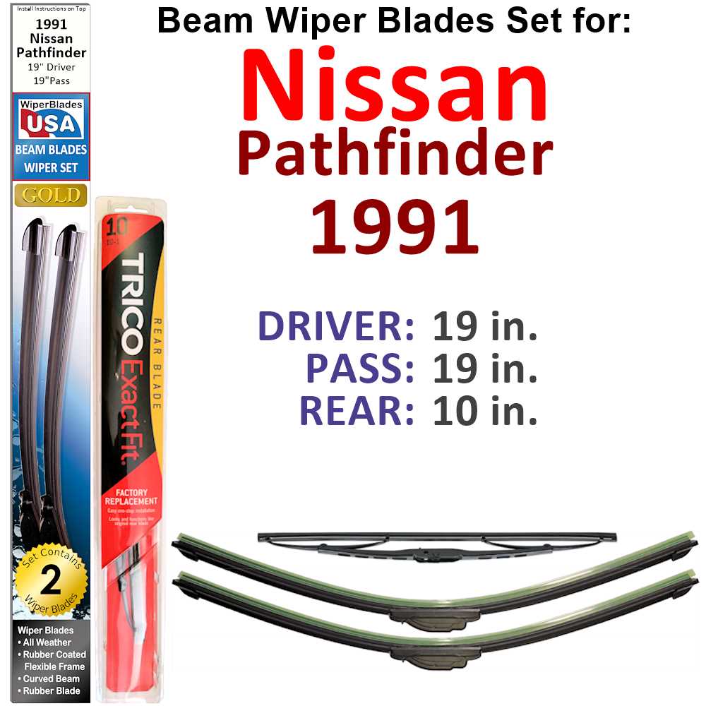 Set of 3 Beam Wiper Blades designed for 1991 Nissan Pathfinder, showcasing their flexible and durable design.