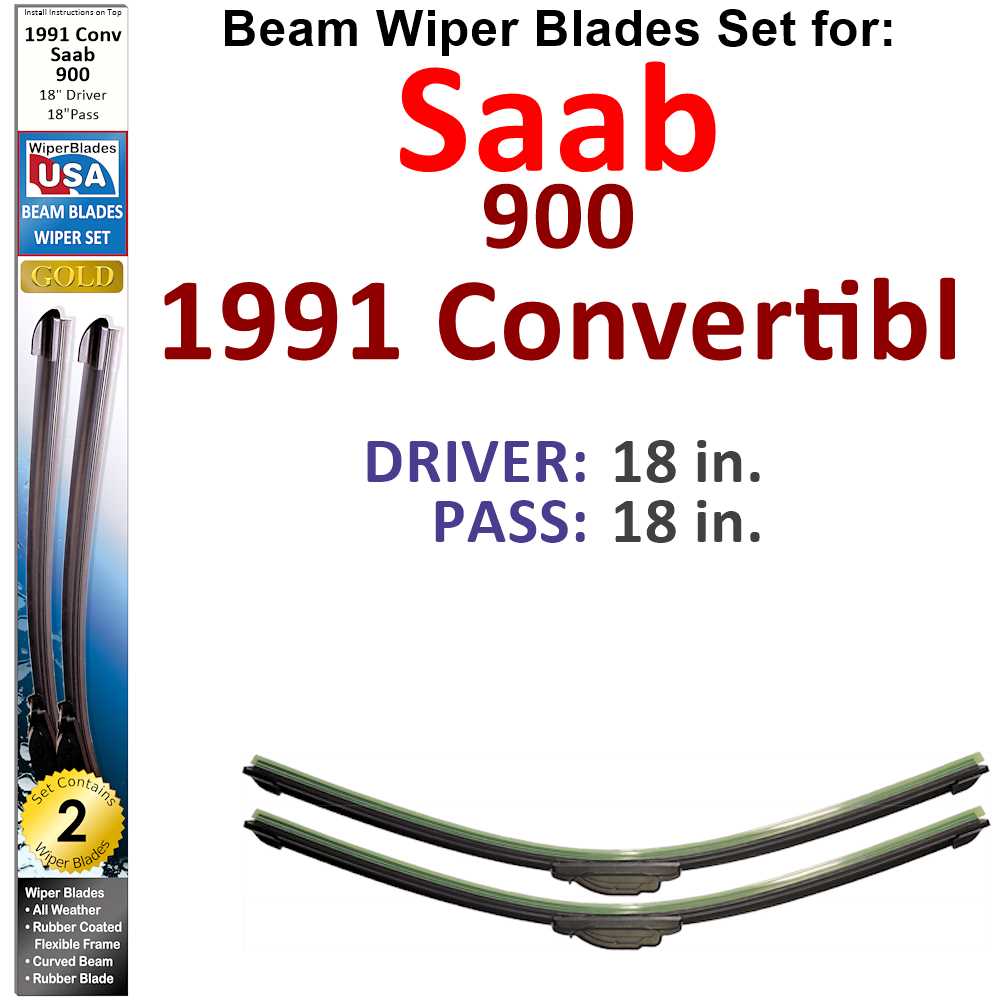 Set of two Beam Wiper Blades designed for 1991 Saab 900 Convertible, showcasing their flexible and durable construction.