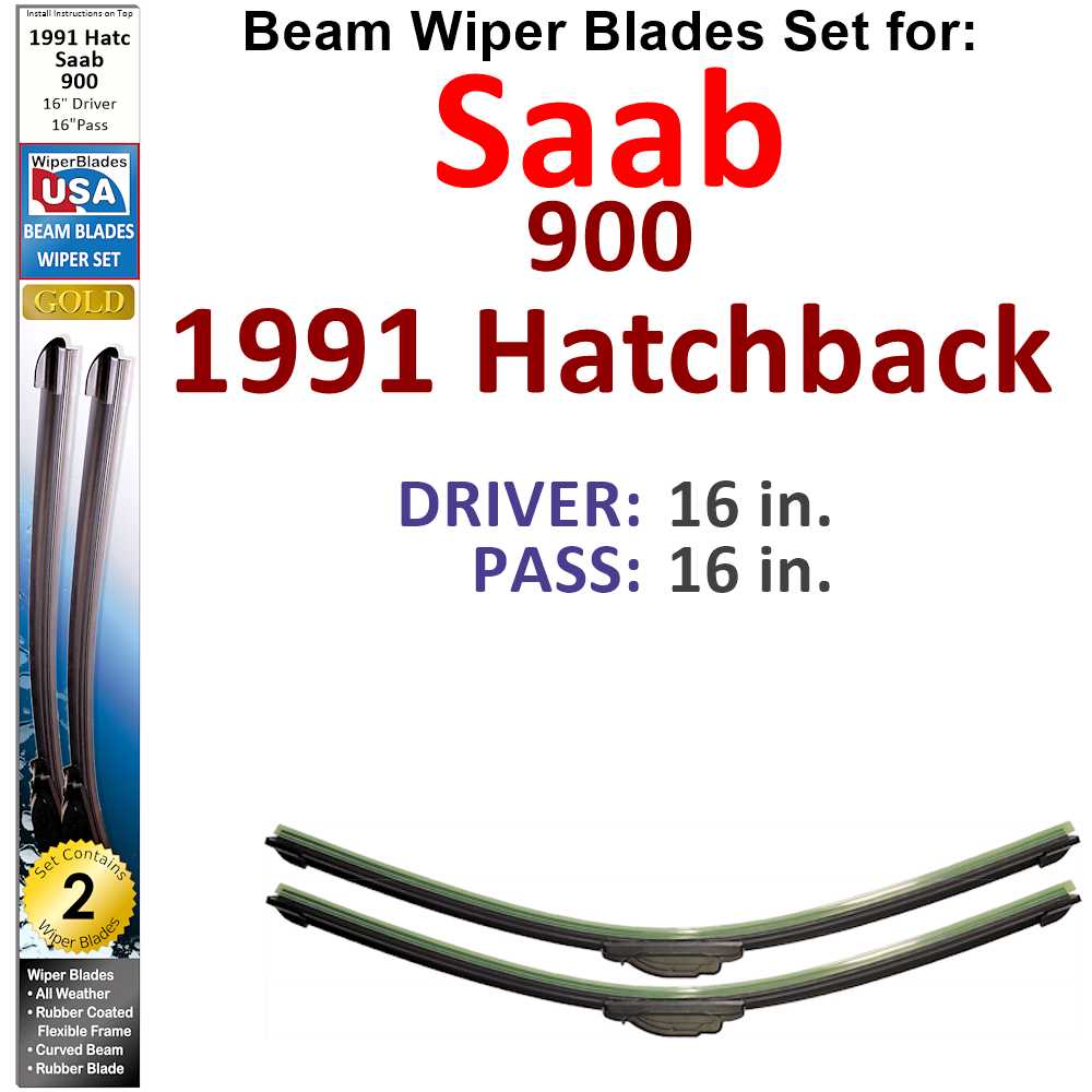 Set of two Beam Wiper Blades designed for 1991 Saab 900 Hatchback, showcasing their flexible and durable construction.