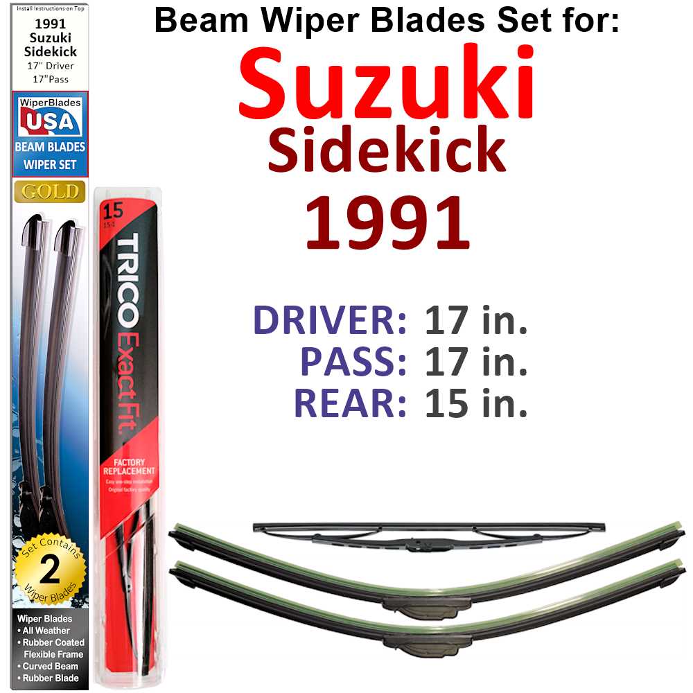 Set of 3 Beam Wiper Blades designed for 1991 Suzuki Sidekick, showcasing their flexible and durable design.