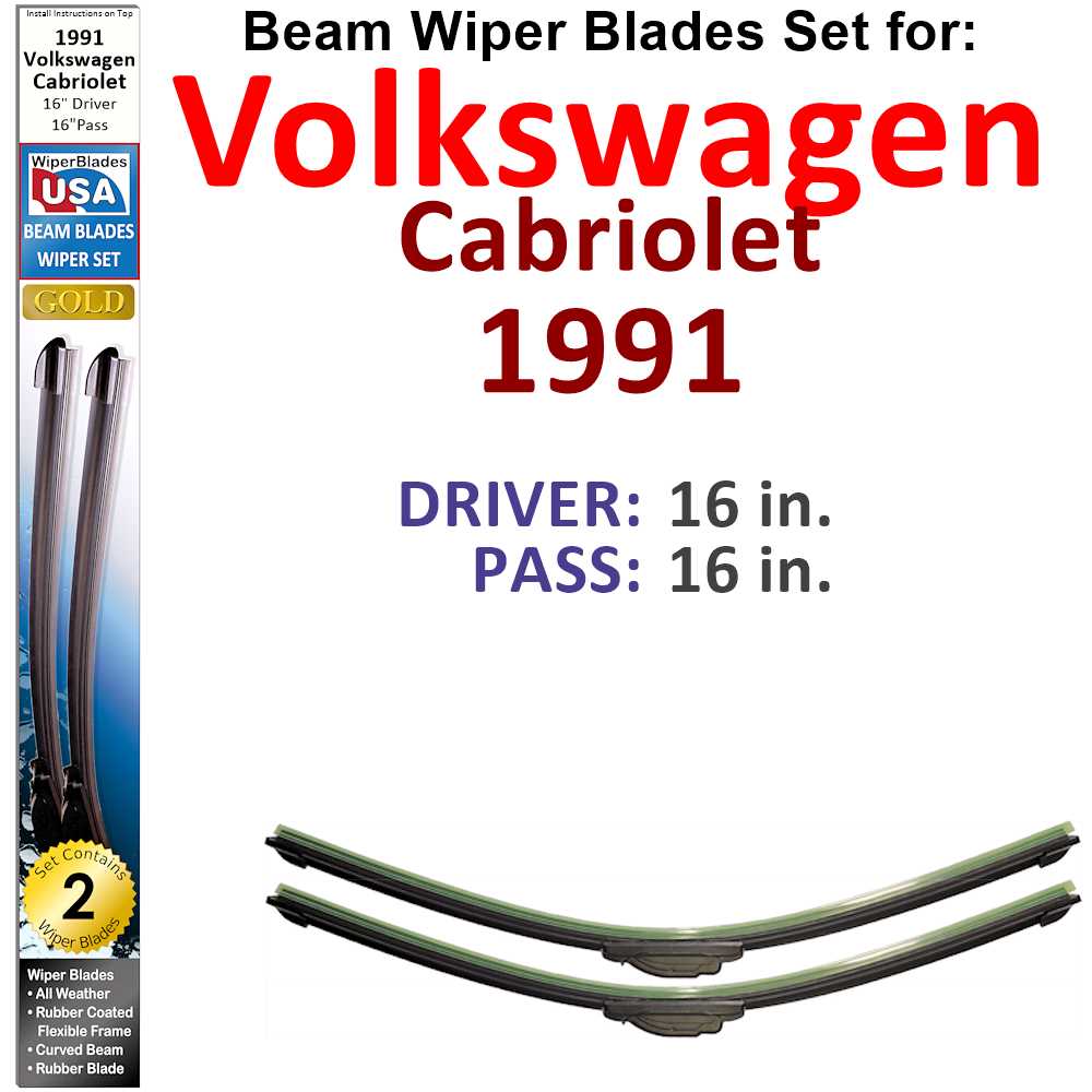 Set of 2 Beam Wiper Blades for 1991 Volkswagen Cabriolet, showcasing their sleek design and durable construction.